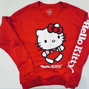 Hello Kitty Sweatshirt Junior's M Crewneck Spelled Out Sleeve Red White Graphic